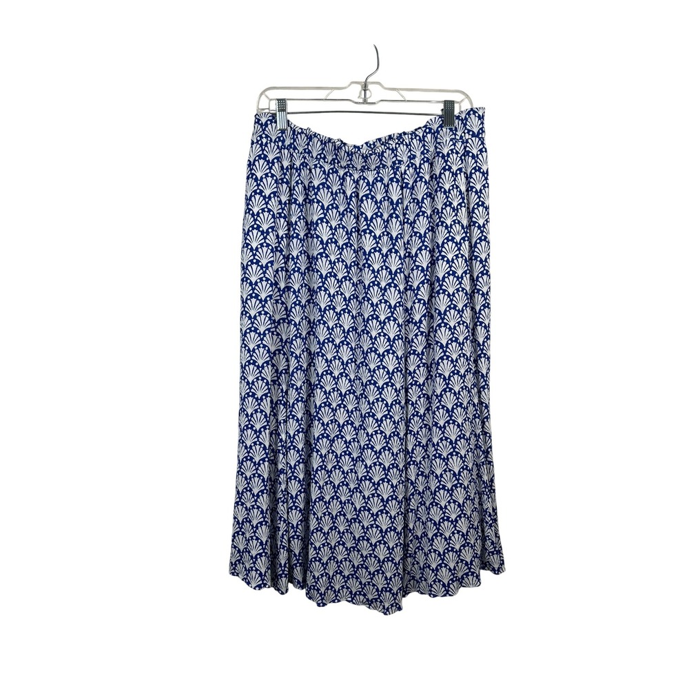 Boden Midi Skirt Womens 12 Blue White Shell Print Elastic Waist Pockets 3261
